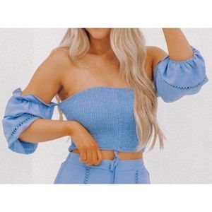 . Lane 201 POWDER BLUE Off The Shoulder Ruched Tie Crop Top